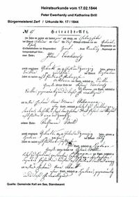 17.02.1844 Heiratsurkunde (in deutscher Sprache)